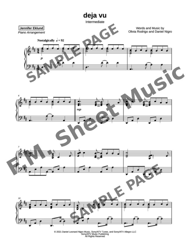 Deja Vu Intermediate Piano By Olivia Rodrigo F M Sheet Music Pop